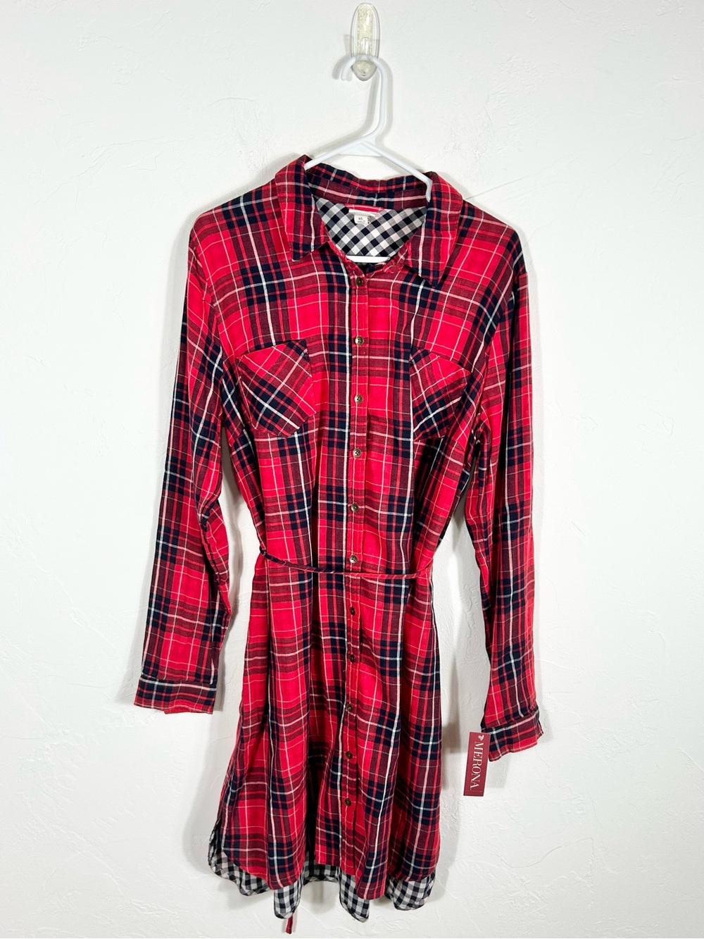 Merona Plaid Shirt Dress XL NWT Red Black Buffalo Check Gingham Lined Belted